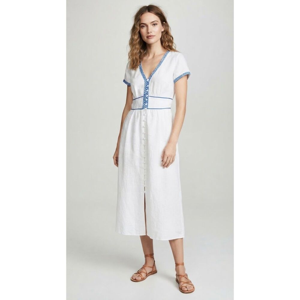 J.Crew White 100% Linen Embroidered Midi Dress Blue Ric Rac Button Front Size 2
